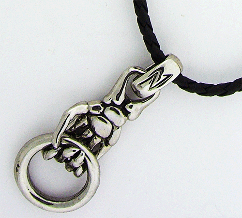 Silver charm hand pendant with adjustable black knitted rubber necklace