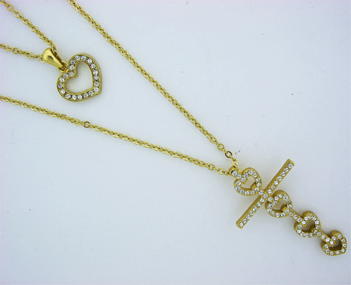 Golden Cross and Heart Necklace featuring dual layers and crystal stones